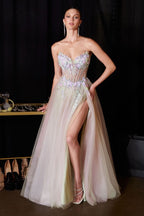 Vestido de Gala Corte A con Corset Floral y Abertura | Ladivine - CD2418
