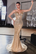 Vestido de Gala Sirena con Corsé Transparente y Pedrería - Ladivine CD715