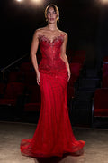Vestido de Gala Sirena con Corsé Transparente y Pedrería - Ladivine CD715