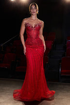 Vestido de Gala Sirena con Corsé Transparente y Pedrería - Ladivine CD715