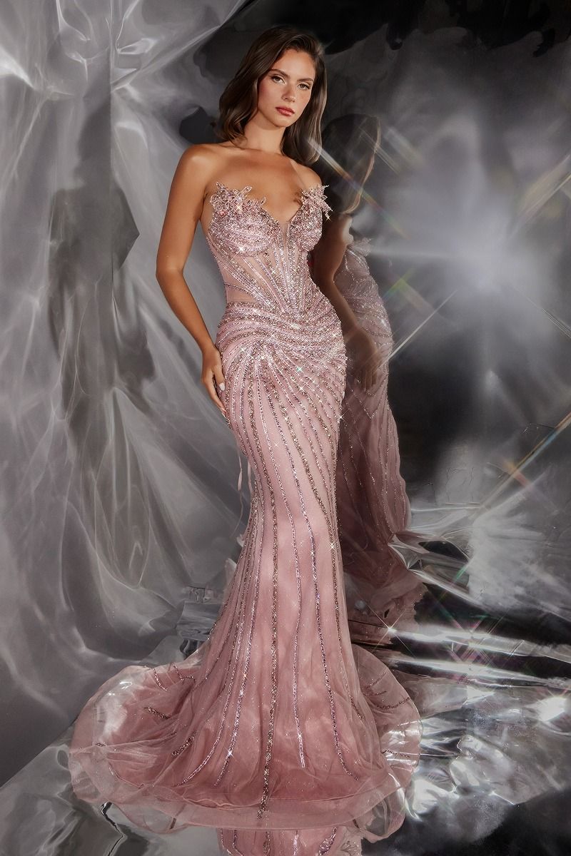 Vestido de Gala Sirena con Corsé Transparente y Pedrería - Ladivine CD715