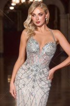 Vestido de Fiesta CD716 – Corte Sirena con Cristales y Corset Translúcido