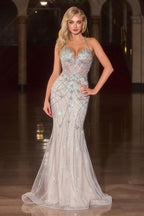 Vestido de Fiesta CD716 – Corte Sirena con Cristales y Corset Translúcido