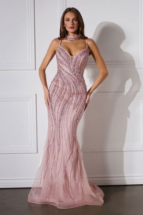 Vestido de Gala Ajustado con Pedrería y Cuello Gargantilla - Ladivine CD719