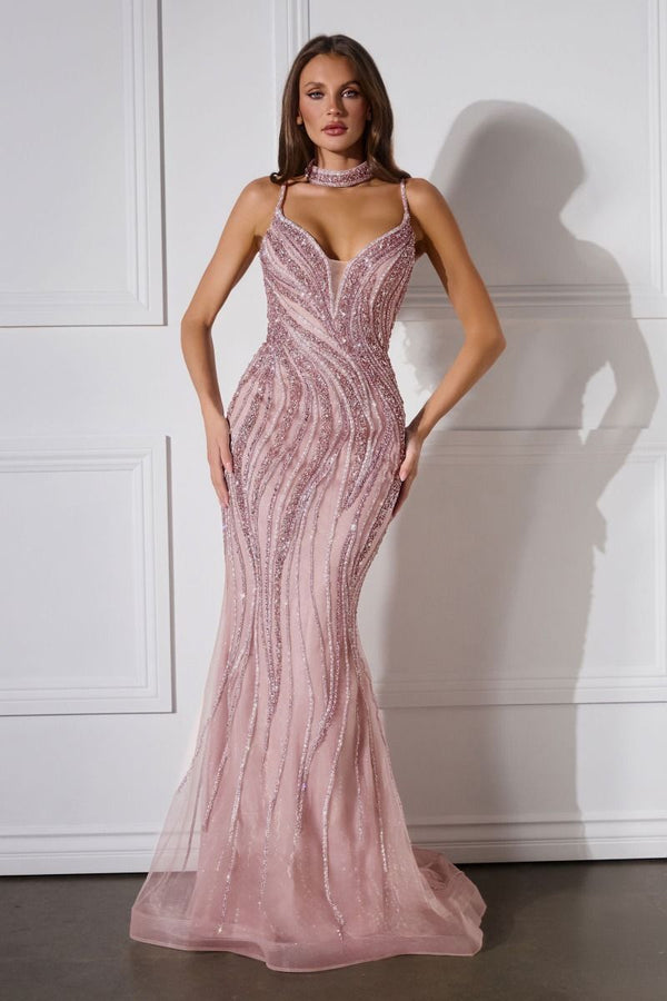 Vestido de Gala Ajustado con Pedrería y Cuello Gargantilla - Ladivine CD719