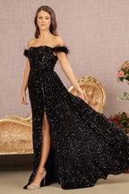 Vestido de Gala Mermaid en Terciopelo con Lentejuelas y Plumas - Modelo GL3163