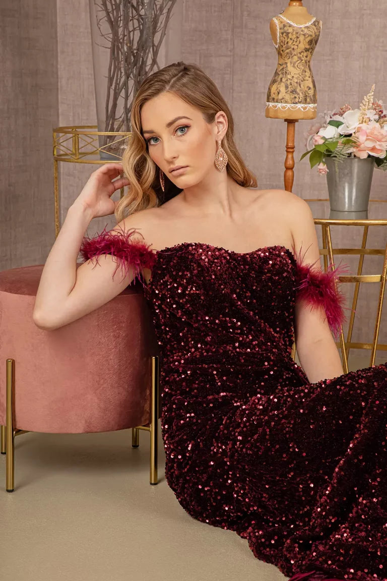 Vestido de Gala Mermaid en Terciopelo con Lentejuelas y Plumas - Modelo GL3163