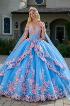 Vestido de Quince Años Azul con Corset, Capa y Flores - GLS by Elizabeth K (GL3708)
