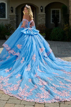 Vestido de Quince Años Azul con Corset, Capa y Flores - GLS by Elizabeth K (GL3708)