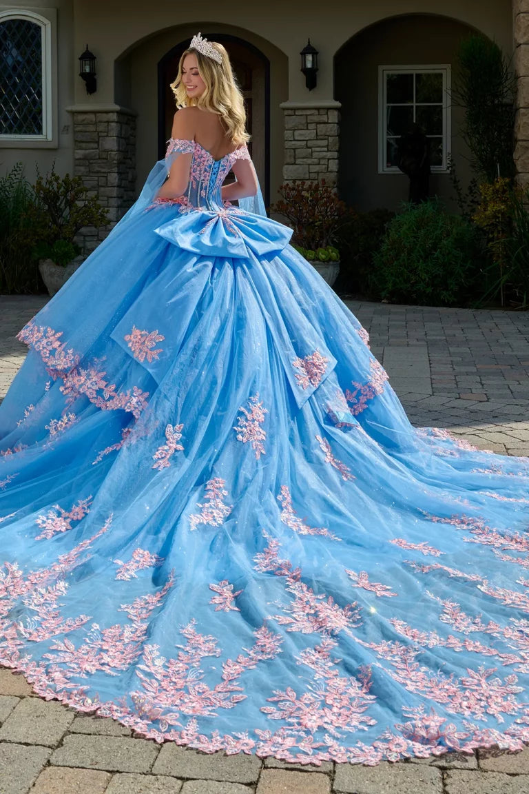 Vestido de Quince Años Azul con Corset, Capa y Flores - GLS by Elizabeth K (GL3708)