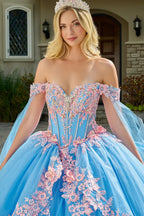 Vestido de Quince Años Azul con Corset, Capa y Flores - GLS by Elizabeth K (GL3708)