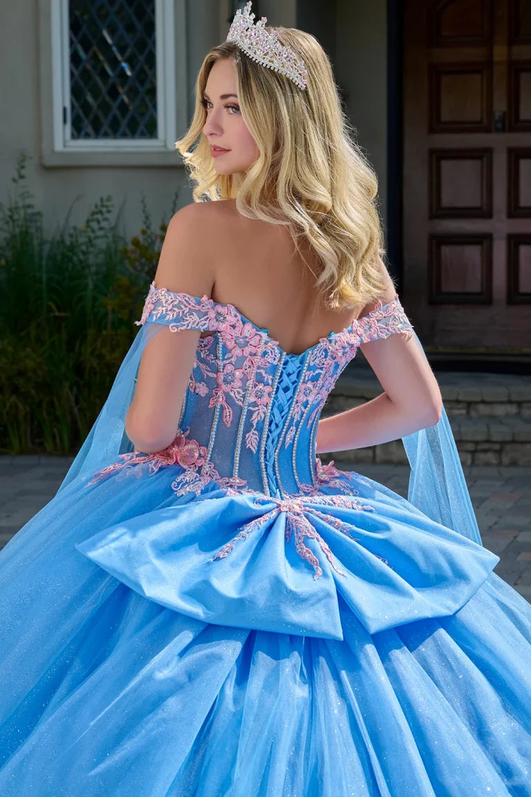 Vestido de Quince Años Azul con Corset, Capa y Flores - GLS by Elizabeth K (GL3708)