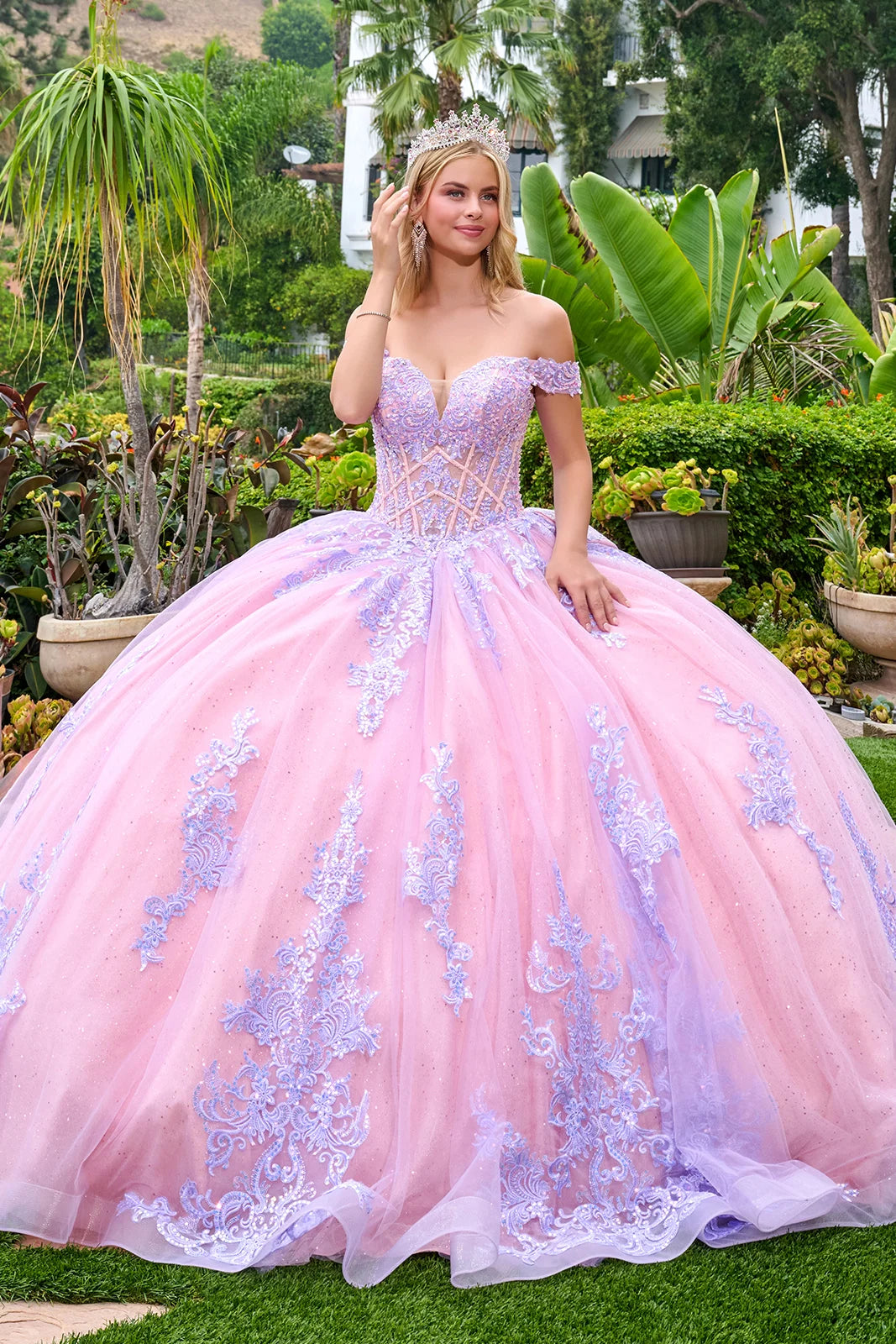 Quinceañera Dress with Lilac Embroidery, Corset, and Detachable Bow - GLS Elizabeth K GL3753