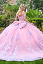 Quinceañera Dress with Lilac Embroidery, Corset, and Detachable Bow - GLS Elizabeth K GL3753