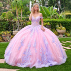 Quinceañera Dress with Lilac Embroidery, Corset, and Detachable Bow - GLS Elizabeth K GL3753