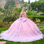 Quinceañera Dress with Lilac Embroidery, Corset, and Detachable Bow - GLS Elizabeth K GL3753