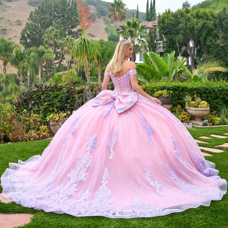 Quinceañera Dress with Lilac Embroidery, Corset, and Detachable Bow - GLS Elizabeth K GL3753