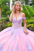 Quinceañera Dress with Lilac Embroidery, Corset, and Detachable Bow - GLS Elizabeth K GL3753