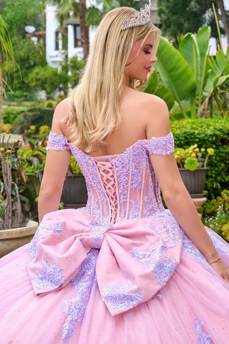 Quinceañera Dress with Lilac Embroidery, Corset, and Detachable Bow - GLS Elizabeth K GL3753