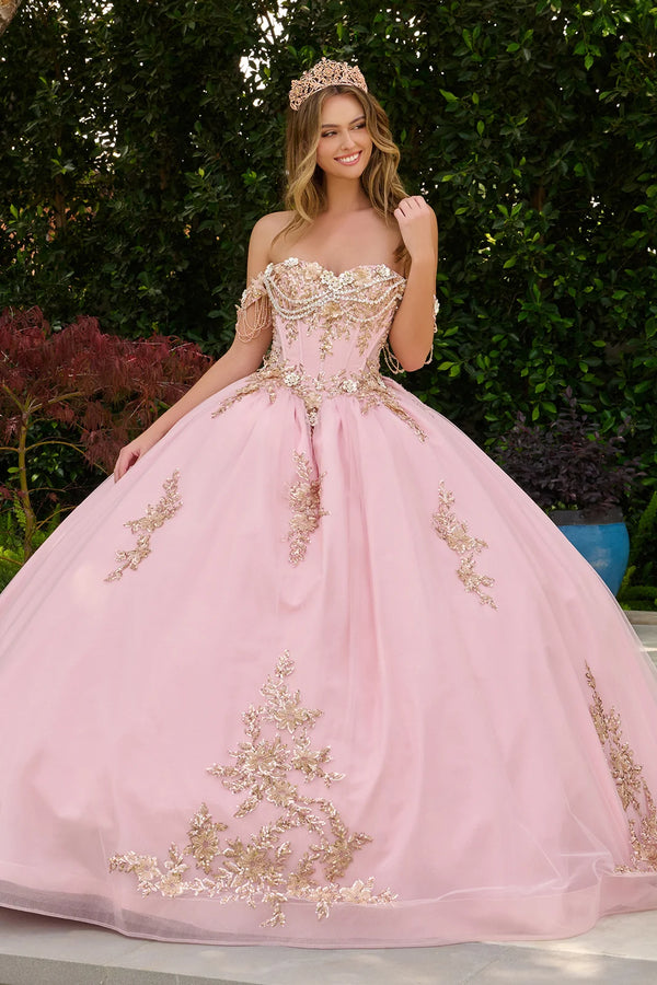 Vestido de Quinceañera con Flores 3D y Pedrería Colgante - Elizabeth K GL3849