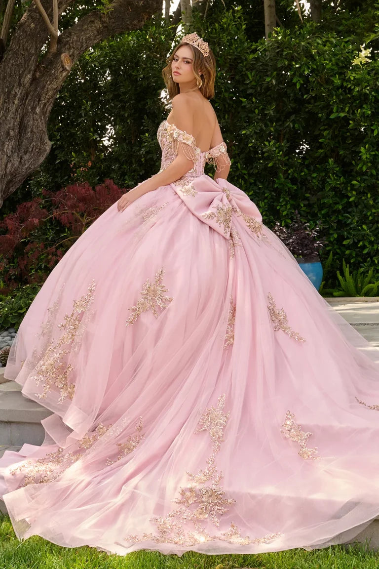 Vestido de Quinceañera con Flores 3D y Pedrería Colgante - Elizabeth K GL3849