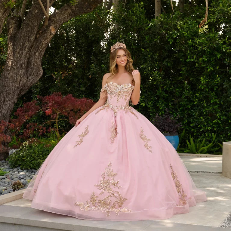 Vestido de Quinceañera con Flores 3D y Pedrería Colgante - Elizabeth K GL3849