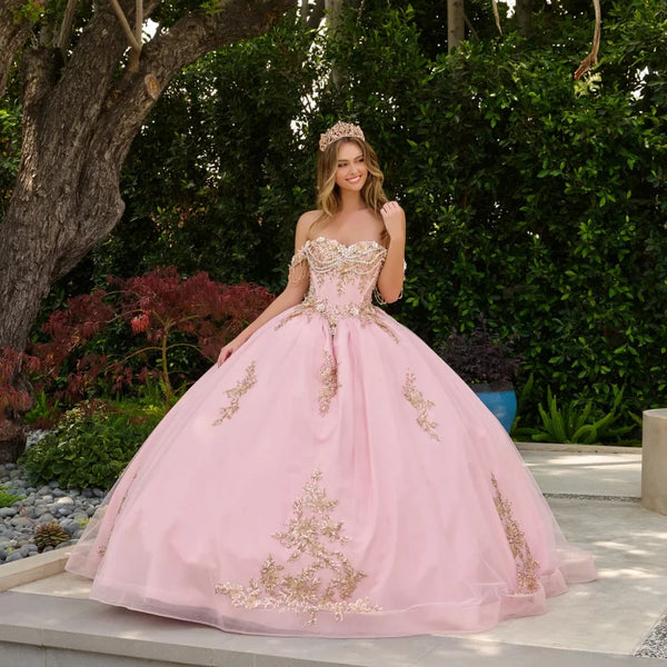 Vestido de Quinceañera con Flores 3D y Pedrería Colgante - Elizabeth K GL3849