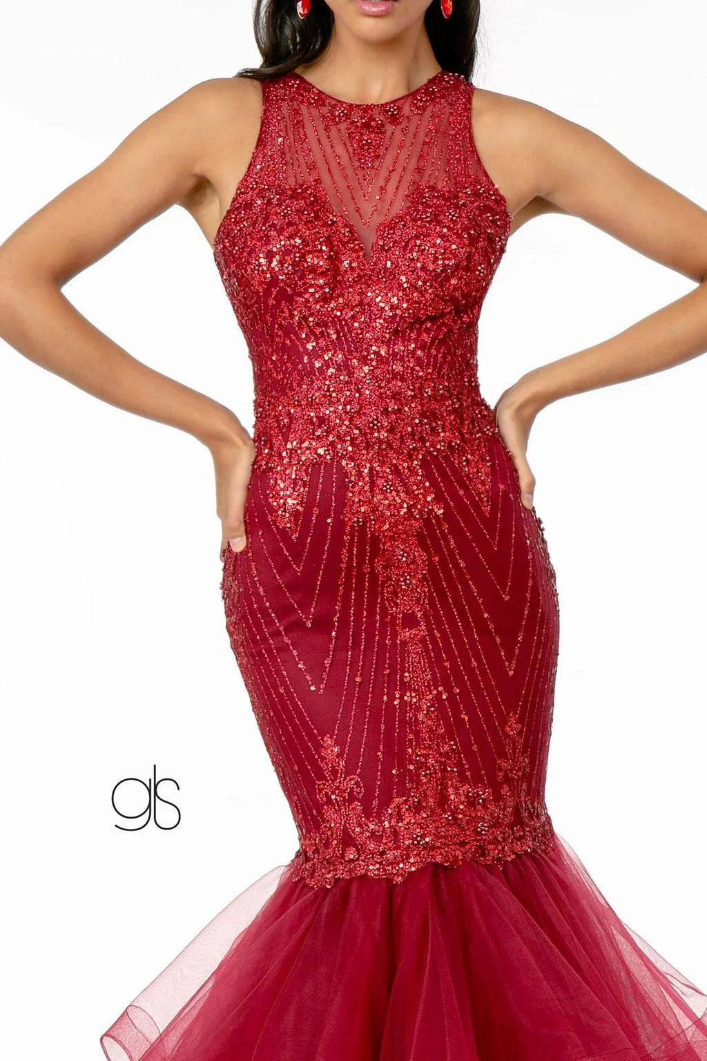 Vestido largo rojo con lentejuelas, corte sirena y falda de tul para fiesta o XV años
