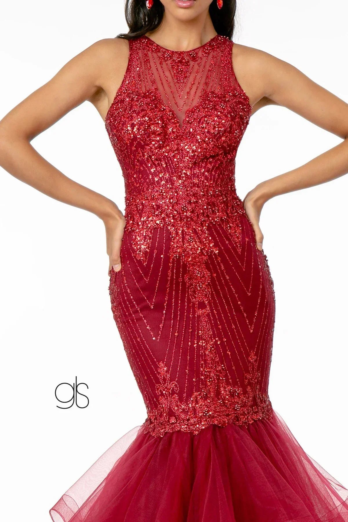 Vestido largo rojo con lentejuelas, corte sirena y falda de tul para fiesta o XV años