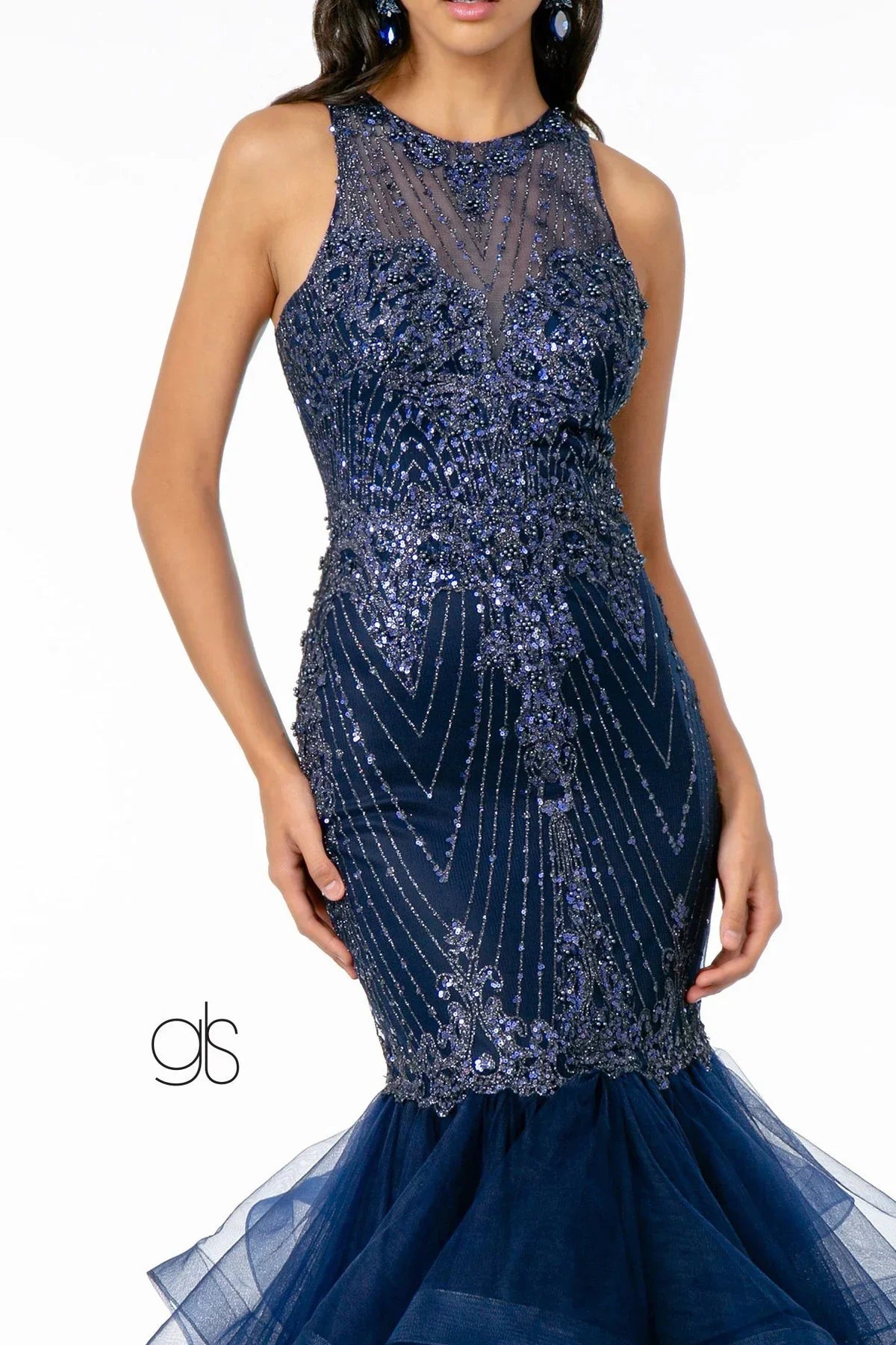 Vestido azul sirena largo con lentejuelas y falda de tul, ideal para eventos formales o XV años.