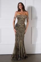 Vestido de fiesta negro y dorado con lentejuelas y flecos, ideal para XV años o boda