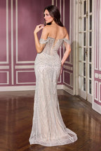 Vestido de fiesta largo con hombros descubiertos y detalles de lentejuelas, ideal para XV años o bodas