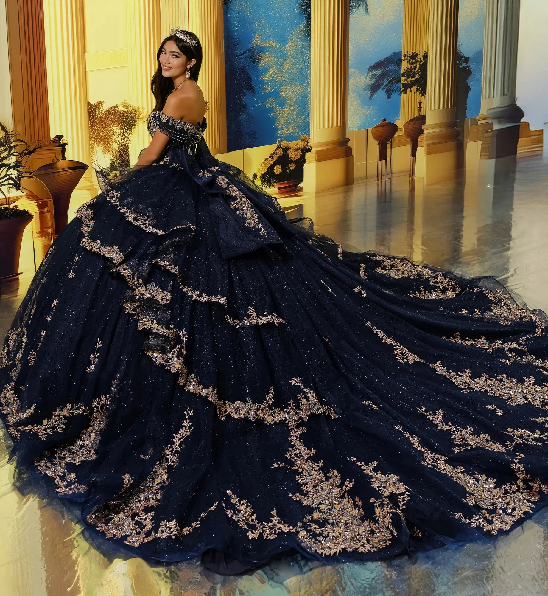 Joven con vestido de XV años azul marino y dorado, corona y fondo elegante clásico.