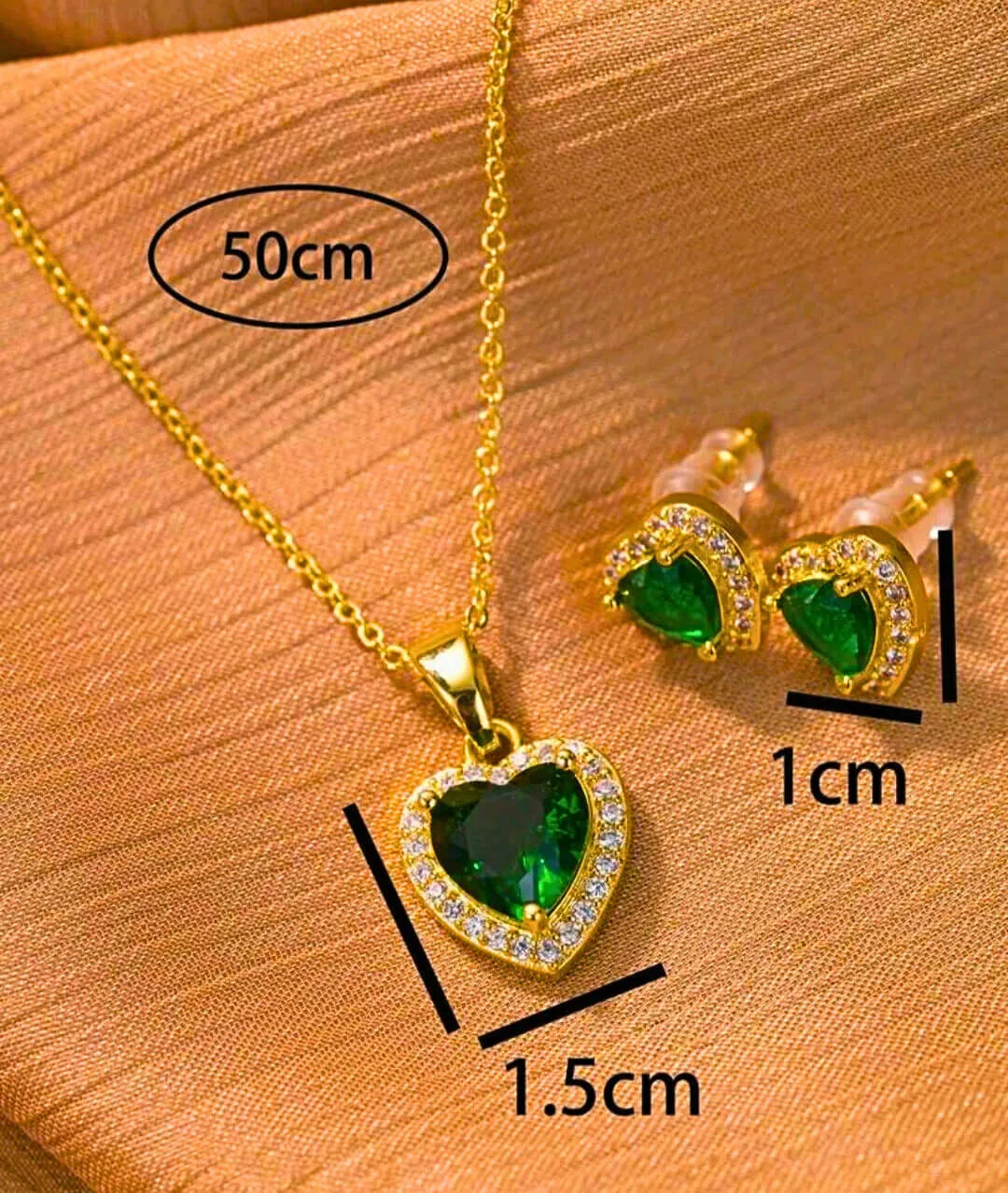 Collar Y Aretes Acero Inoxidable Corazón Circonita Verde Verde