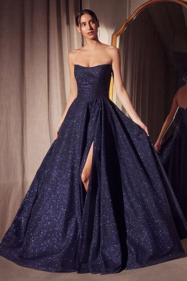 Vestido de Gala y Prom Línea A con Brillos y Abertura - Amoris T701