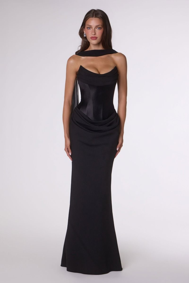 Vestido de Gala Largo Ajustado de Satén y Crepé con Corset - Amoris T732
