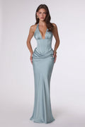 Vestido de Gala Satín con Drapeado y Cuello Halter - Amoris T743