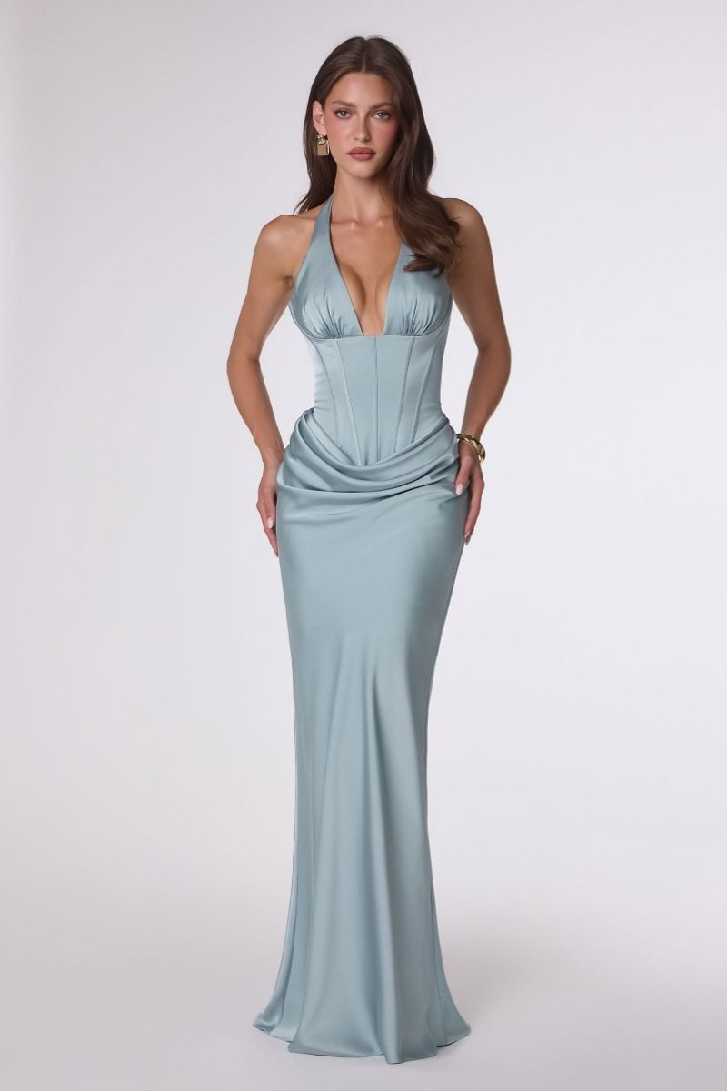Vestido de Gala Satín con Drapeado y Cuello Halter - Amoris T743