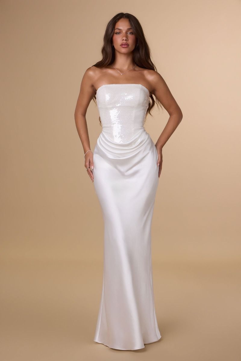 Vestido Ajustado de Lentejuelas y Satén - Amoris Bridal T744W