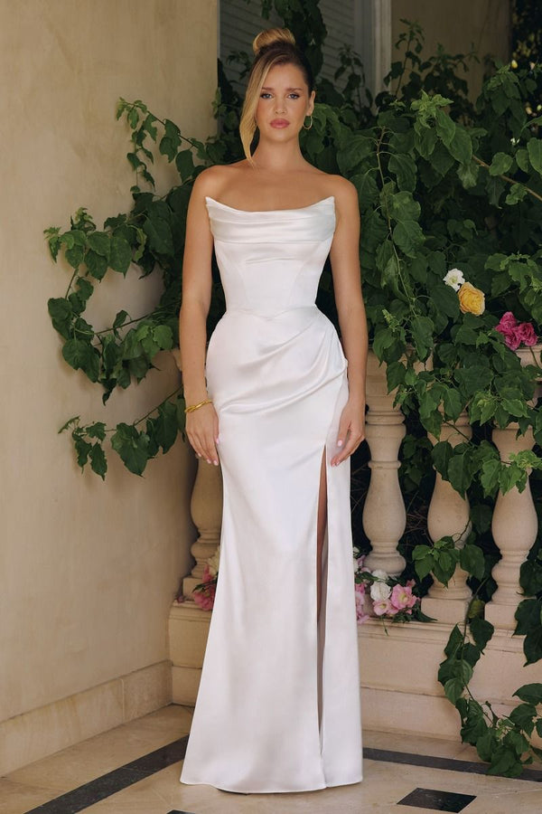 Wedding Dress with Draped Neckline and Front Slit - T820W by Ladivine
